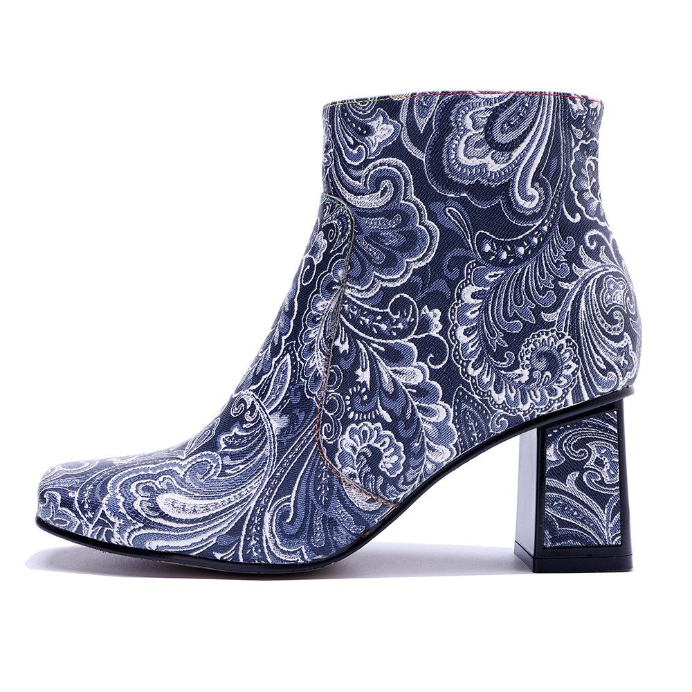 Johnature Genuine Leather Handmade Printed Comfortable Coarse Heel Side Zipper Women's Short Boots