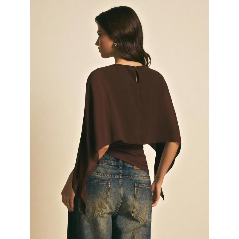 2026 Women's Cape Sleeve T-Shirt Slim Fit Round Neck Chiffon Blouse Elegant Asymmetrical Top