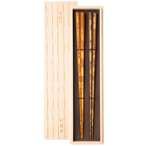 Hashikura Matsukan Kyoto Shimizu Meitake Chopsticks, Pair Set, Premium Natural Bamboo, 24cm, Octagonal, Lacquered, with Design, Vermilion and Black, M