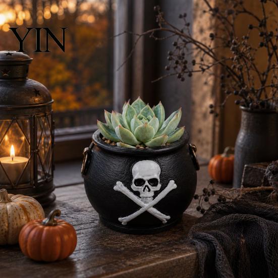 Embossed Skull Planter Witches Cauldron Planter, Halloween Flower Pot, Gothic Resin Haunted House Prop Black Pot Candy Bowl for Herbs, Indoor, Outdoor