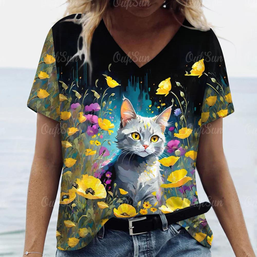 Summer Women Cute Cat T-shirt Fashion Trend V-Neck Tops Tees Female Casual Stylish Short Sleeve Clothing Ladies Vintage Outfit