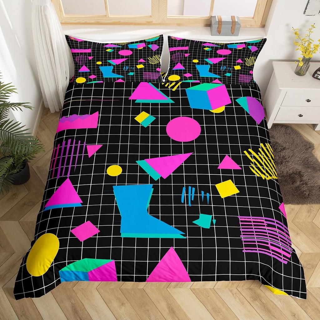 Memphis Geometric Duvet Cover Twin KingRetro Style Round Triangle Shapes Quilt Cover Colorful Graphic 80s 90S Style Bedding Set