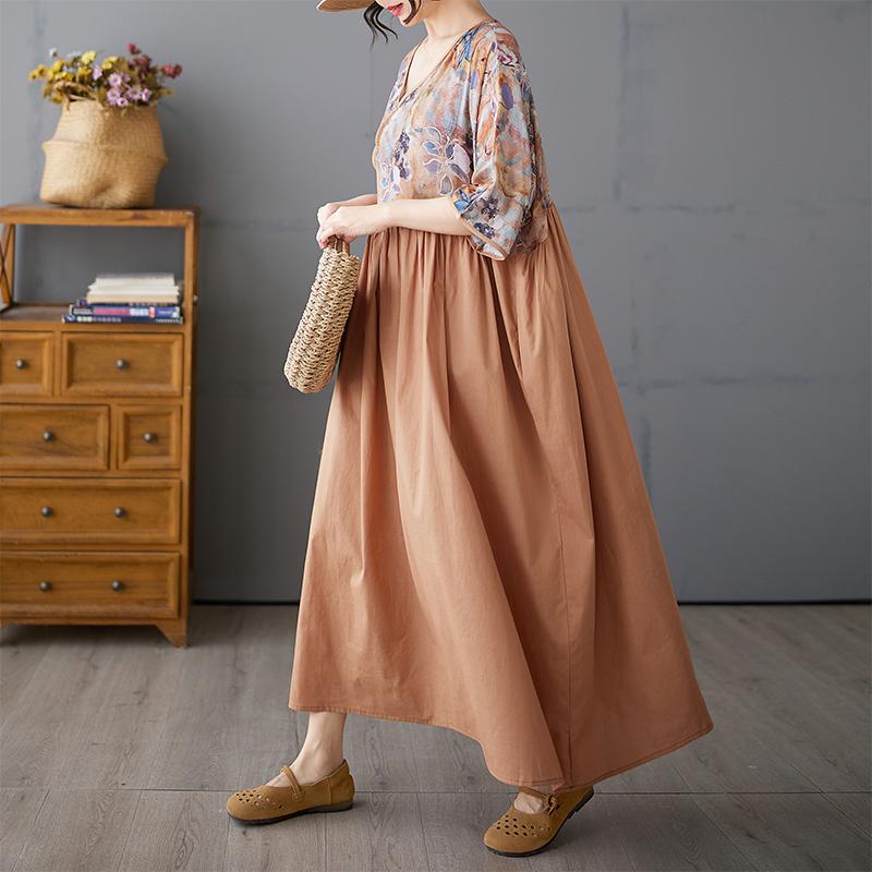 Dimanaf 2025 Summer Plus Size Dress Women Casual Linen Dress Loose Basic Floral Long Vintage Dress Maxi