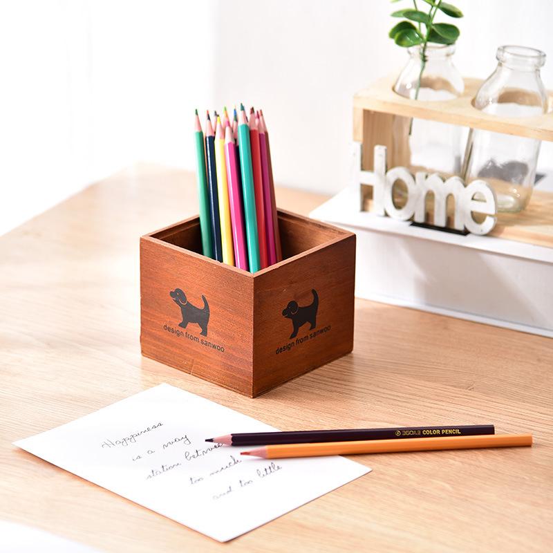 Creative Cartoon Wooden Pen Holder, Simple Wooden Succulent Flower Pot for Groceries, Desktop Finishing and Storage Box.