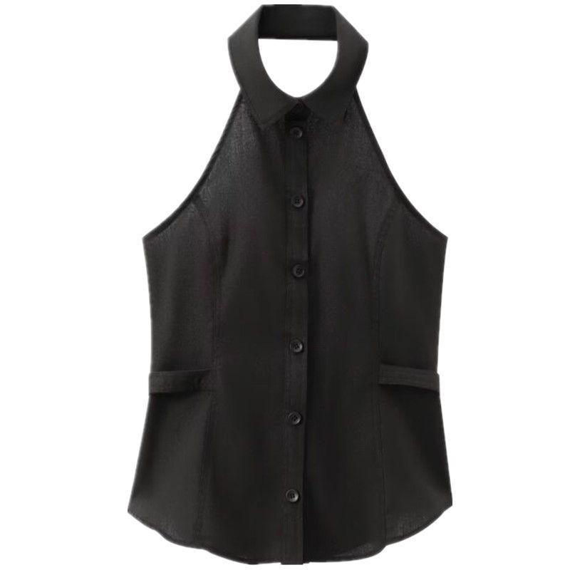 Fashion Style 2024 Summer New Women's Clothing Buckle Decoration Linen Blended Hanging Collar Tops 8001709