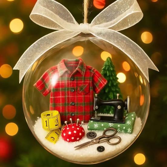 Christmas Ball Decoration Sewing Snowball Ornament Retro Sewing Machine Ribbon Transparent Ball Christmas Hanging Decor