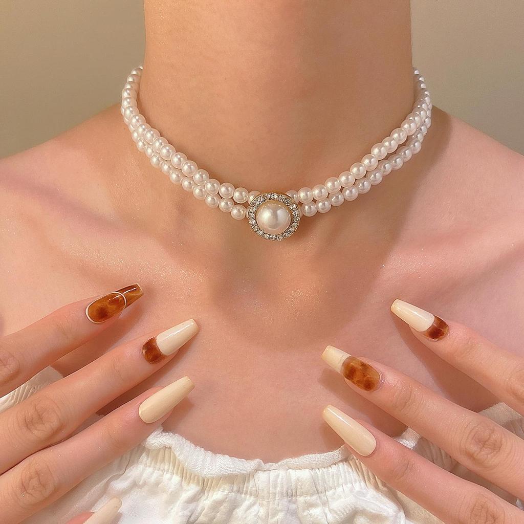 Women's High-End European & American Jewelry Set: Double-Layer Pearl Choker, Clavicle Necklace, Bracelet & Earrings