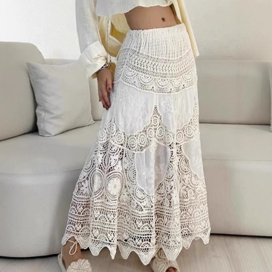 DIMANAF 2025 Fustă Nouă de Sărbătoare Femei Tricotaj Dantelă Lungă Uni Decupată Sexy Decupată Stil de Vară Rochie de Bază