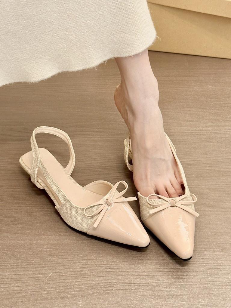 Spring mint! Temperament pointed head splicing bow flat-soled single shoes women's spring bag head empty sandals