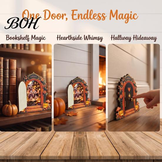 Openable Miniature Door Ornament Halloween Mouse Hole Wall Decoration, Retro Arched Fairy with Pumpkin Tale Garden & Flower Decor, for Holiday