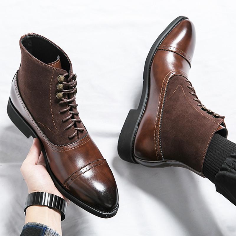 Fashion Designer New Men's Pointed Lace Up Brown Black Shoes Trend Casual Luxury Fashion High-top Ankle Boots