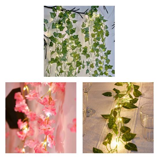 Artificial Garland String Light 10 Ft Faux Cherry Blossom Garland Green Creeper Vine Light 30 LED Lights Battery Operated String Light for Home