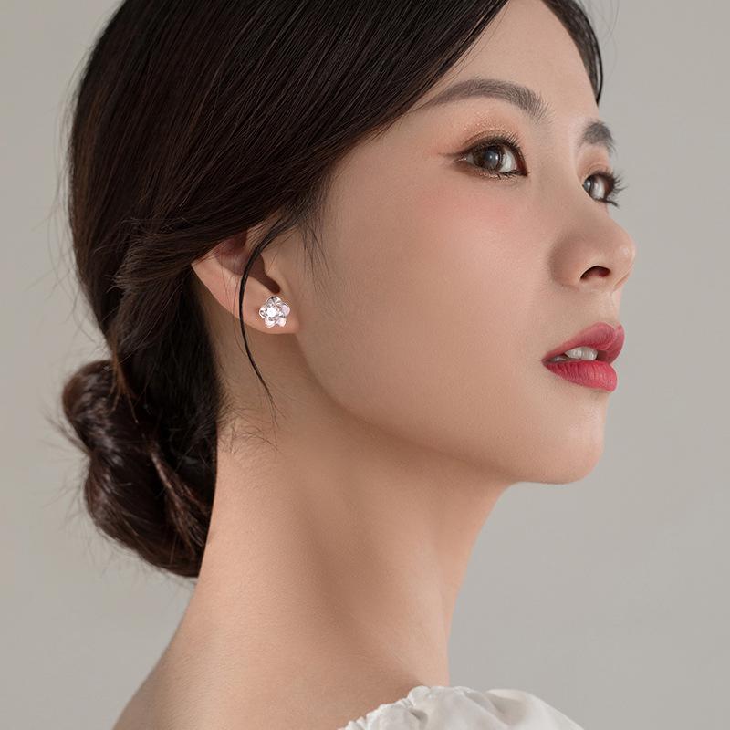 Sterling Silver Plum Blossom Diamond Stud Earrings for Women - Ancient Style, Simple, Versatile, Comfortable for Sleep
