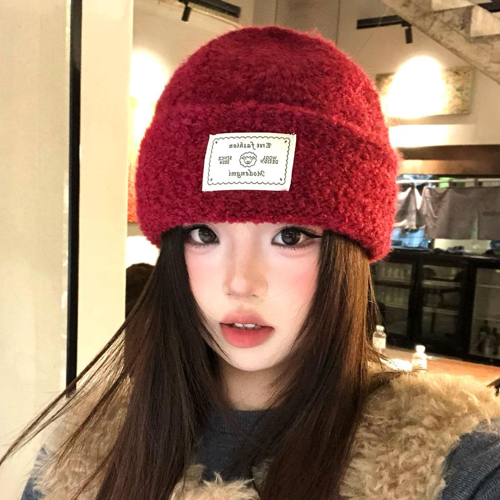 Tissu Patchwork bonnet tricoté rouge pour enfants bonnet d'hiver épaissi chaud froid montrant un petit visage atmosphère protection oreilles bonnet en laine