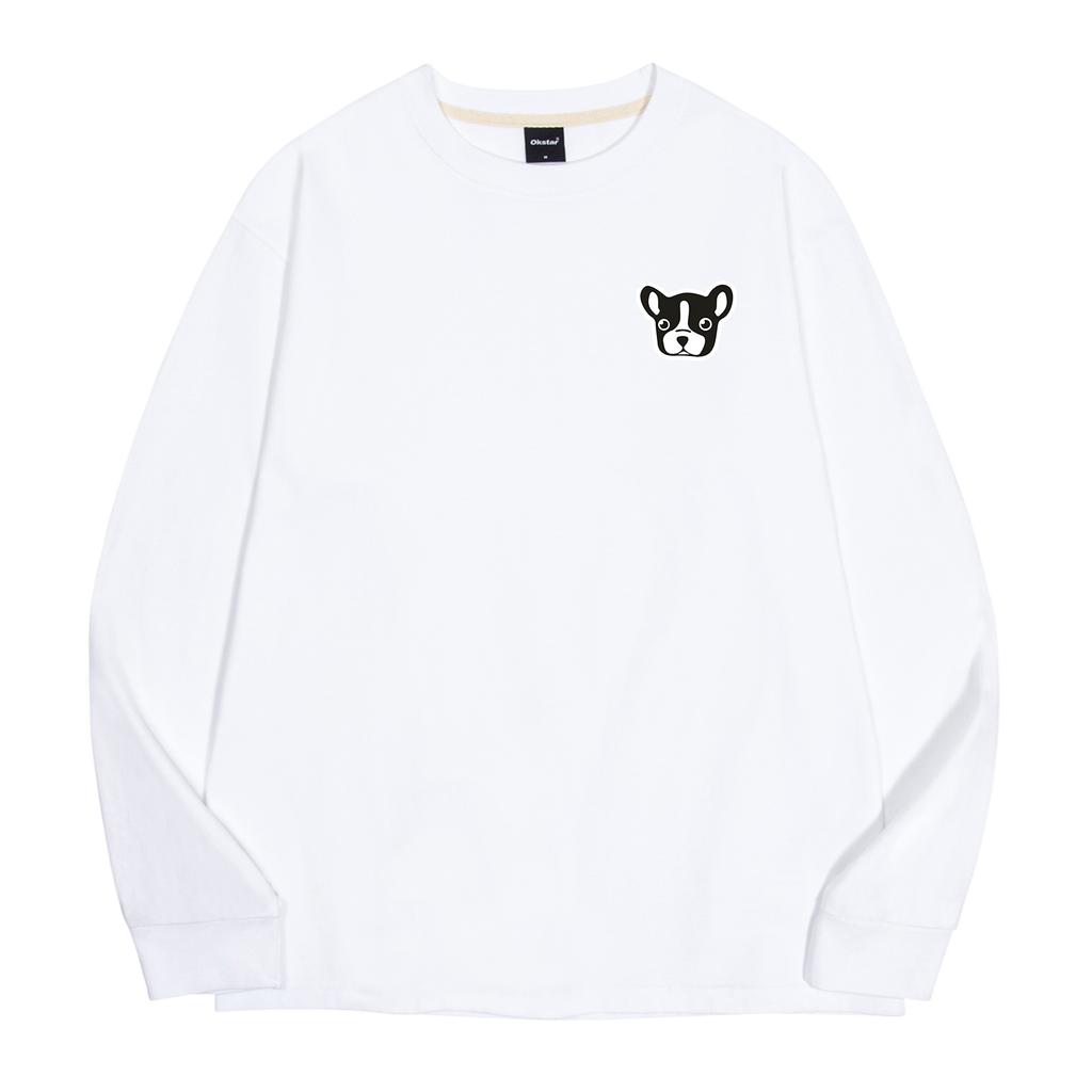 OKSTAR Bulldog Embroidered Patch Crew Neck Oversized Long Sleeve T-Shirt