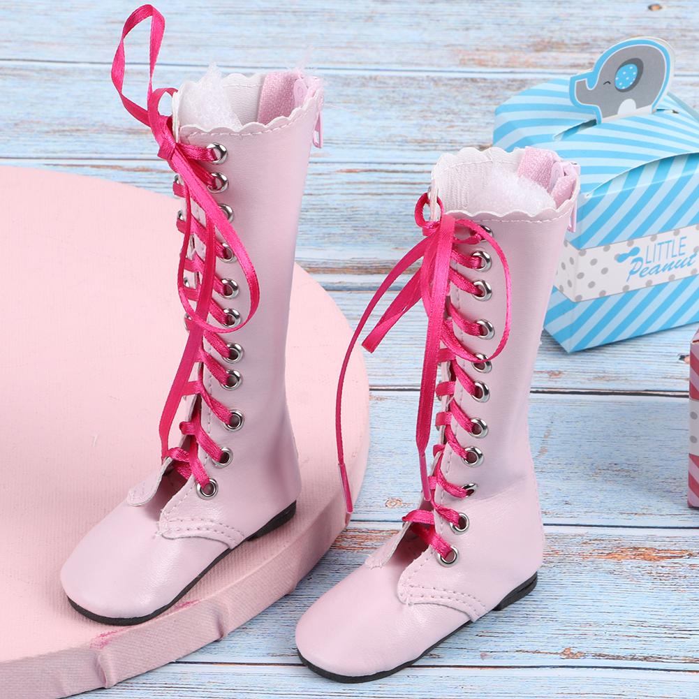 60cm Doll Lace Up Boots Girls Kid Exquisite Doll Boots Shoes Children Toy Accessory(Flat Boots Pink )