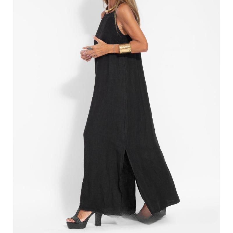 Fashionable and Casual Cotton and Linen Split Suspender Dress