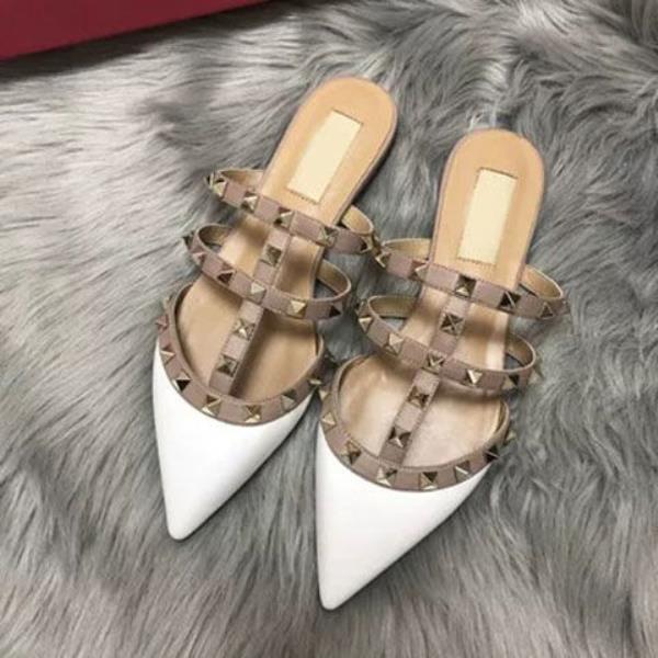 Fashion Cover Toe Shoes Rivet Slippers Flat Slides Mules For Women 2025 Pointed Patent Leather Pointed Toe Shoes Woman 2025 Female Mule