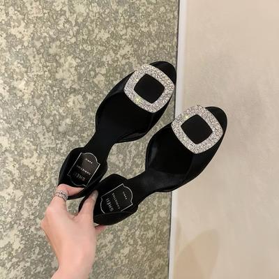 Sheepskin Version Ten Years Classic Chips Square Buckle Rhinestone Silk Satin Hollow Sandals Women's Single Shoes