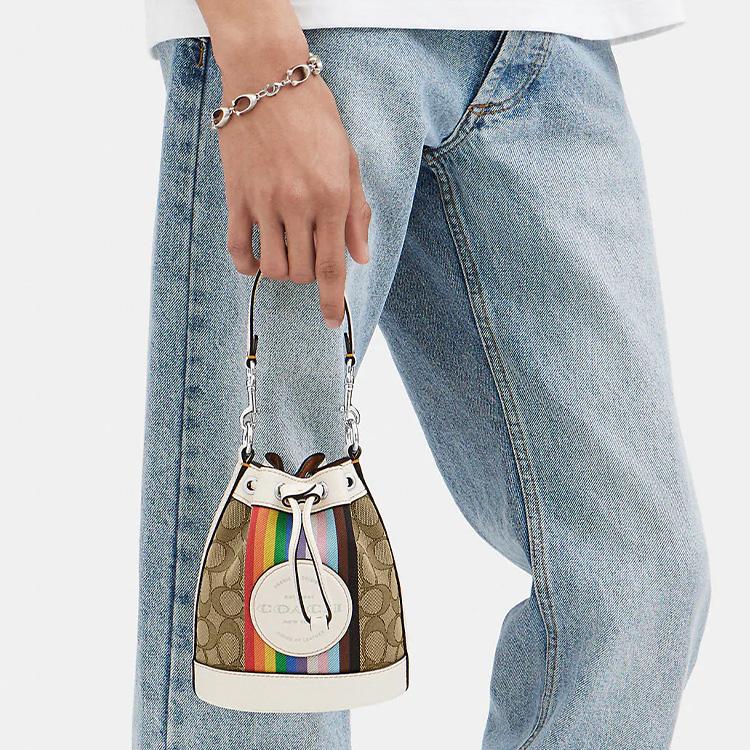 Coach Dempsey 14 Classic Monogram Colorful Striped Canvas And Leather Bucket Bag Women Bags Brown White CJ661-SVOT8