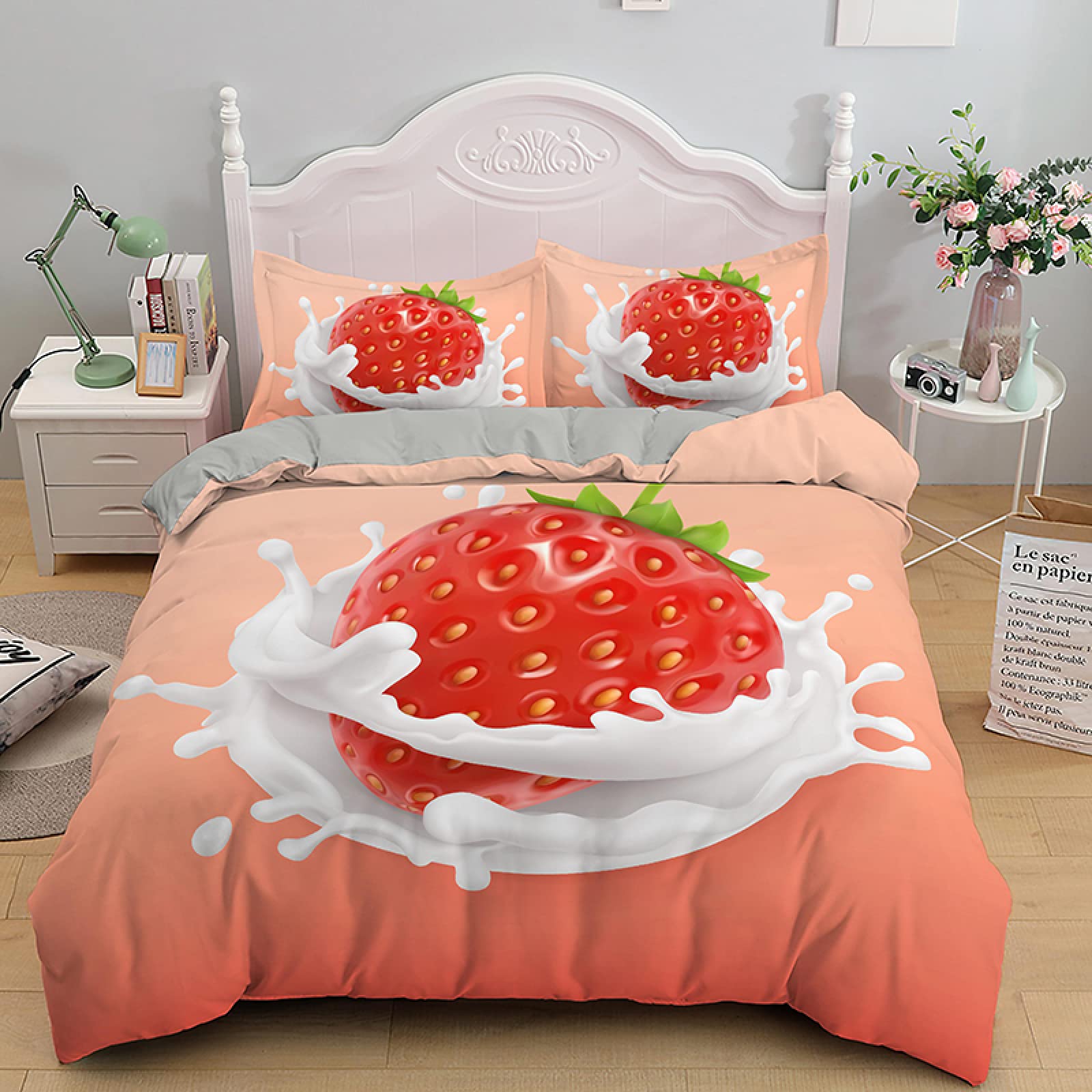 

Постельное белье с клубникой для девочек, пододеяльник с сладкой клубникой для детей, розовый, милый мультфильм, фруктовая еда, девичий белый цветочный декор для комнаты 140x210cm 2pcs