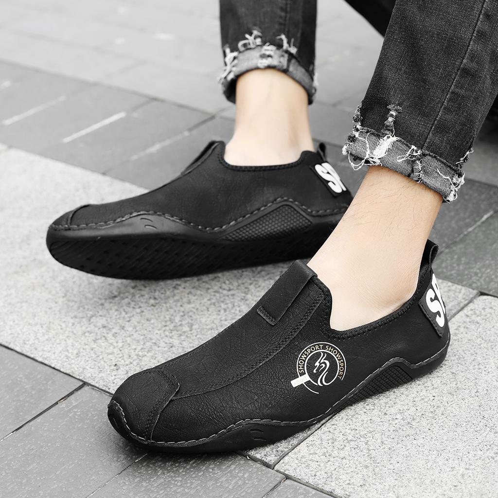 Men's Leather Shoes, 2025 New Style Casual Shoes, Autumn Flat-soled Solid-color Baby Booties, Lightweight Men's Driving Shoes