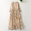 2025 spring and summer new vacation style V-neck printed cotton and linen dress women's loose and thin long-sleeved medium and long skirt
