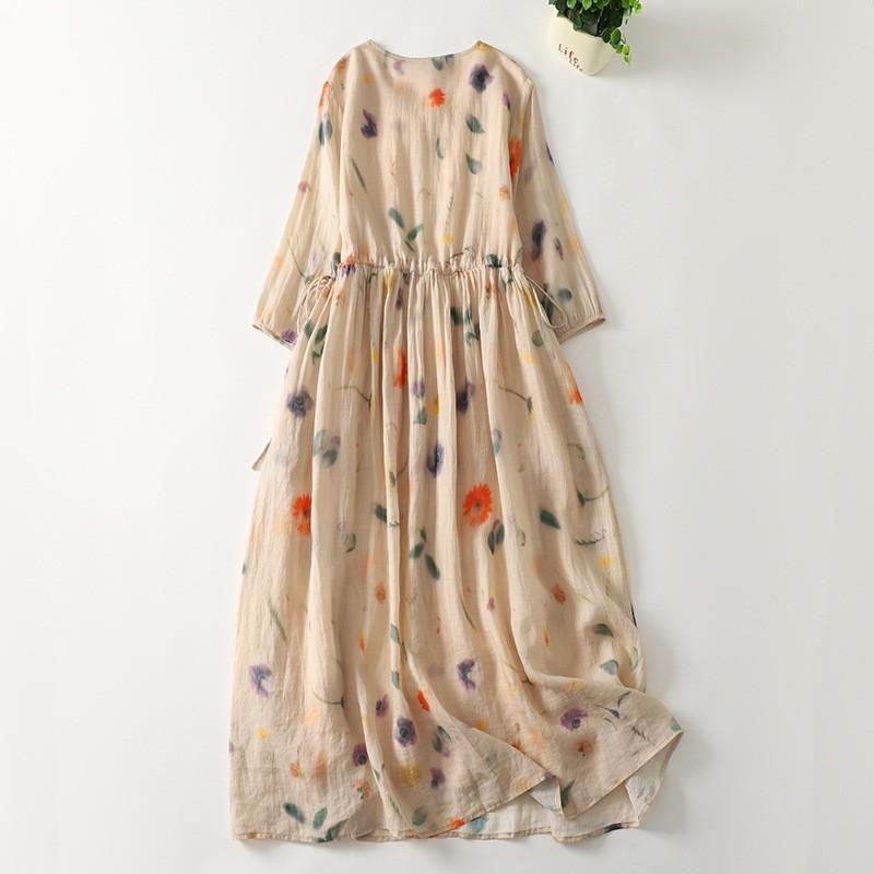 2025 spring and summer new vacation style V-neck printed cotton and linen dress women's loose and thin long-sleeved medium and long skirt