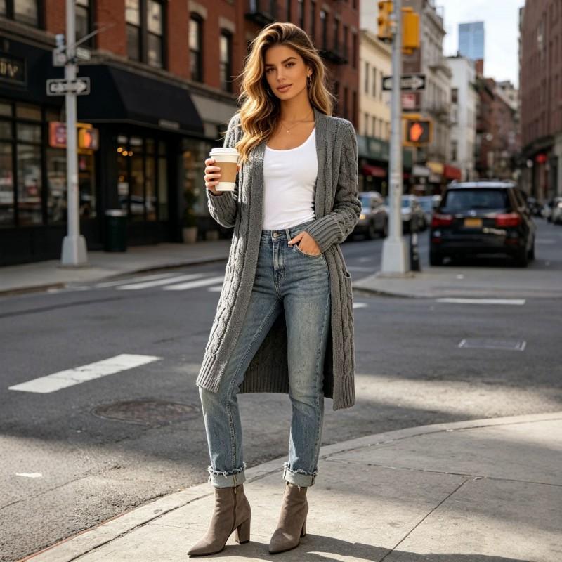Womens Oversized Knit Cardigan Long Sleeve V-Neck Loose Fit Mid-Length Sweater Coat Winter