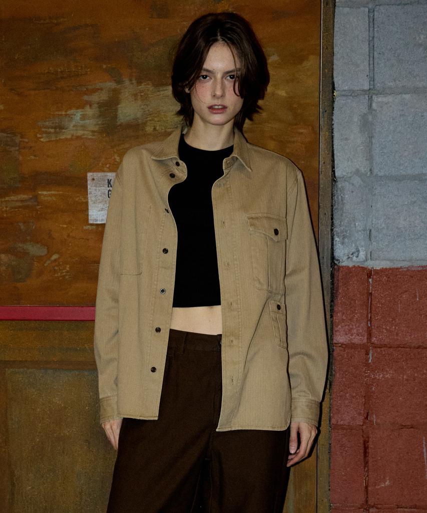 MAGOODGAN Labor 2121 Herringbone Cotton Oversized Beige Military Shirt