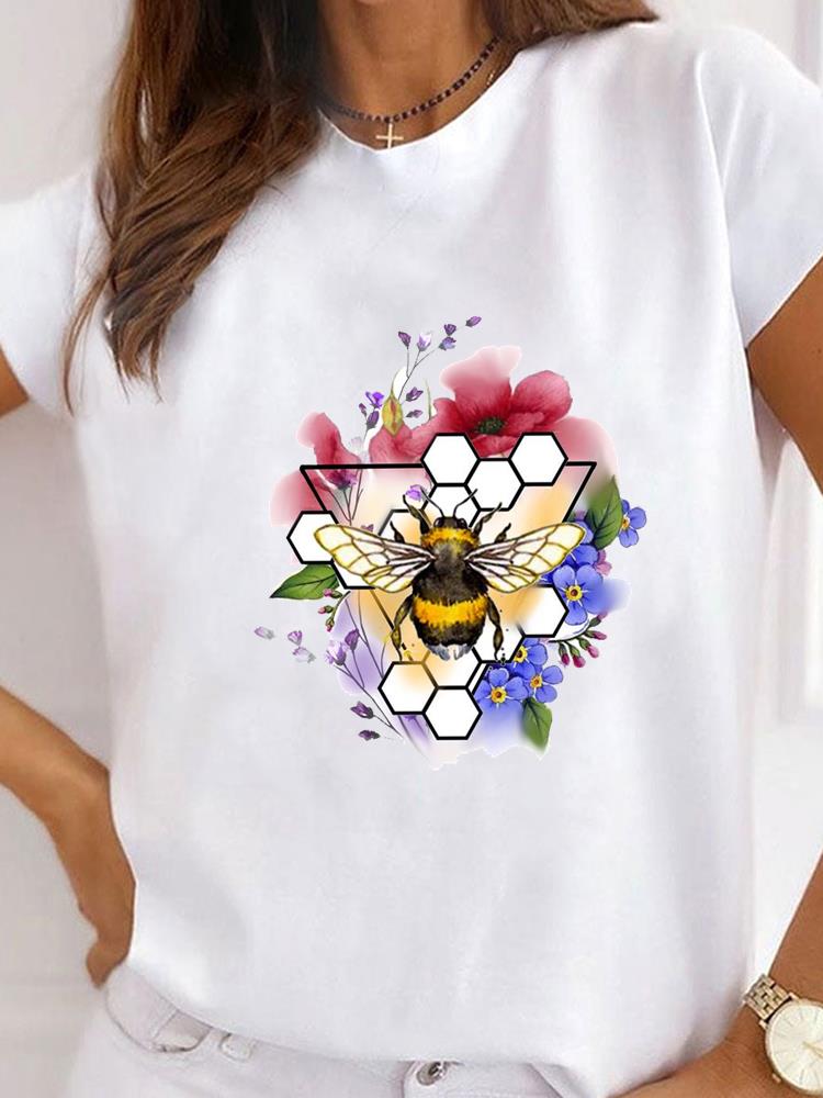 Women Clothes Bee Love Style Letter Clothing Print T Shirt Short Sleeve Summer Top Tee Basic Fashion Graphic T-shirt