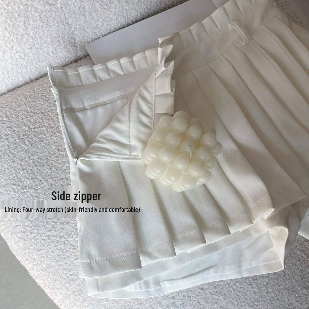 Mini-Faltenrock mit hohem Bund - Weiß, A-Linie, Anti-Exposure, Schlankmachend, College-Stil