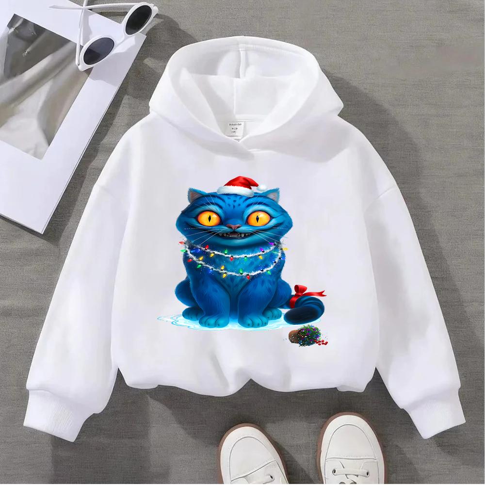 2025 New KPOP Christmas Blue Cat Printed Children's Sports Shirt Cute Children's Festival Hoodie