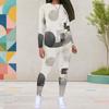 Women Plus Size Round Neck Long Sleeve Printed Two Piece Set Gray Black White Fitted Top And Pants