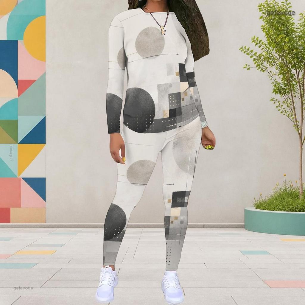 Women Plus Size Round Neck Long Sleeve Printed Two Piece Set Gray Black White Fitted Top And Pants