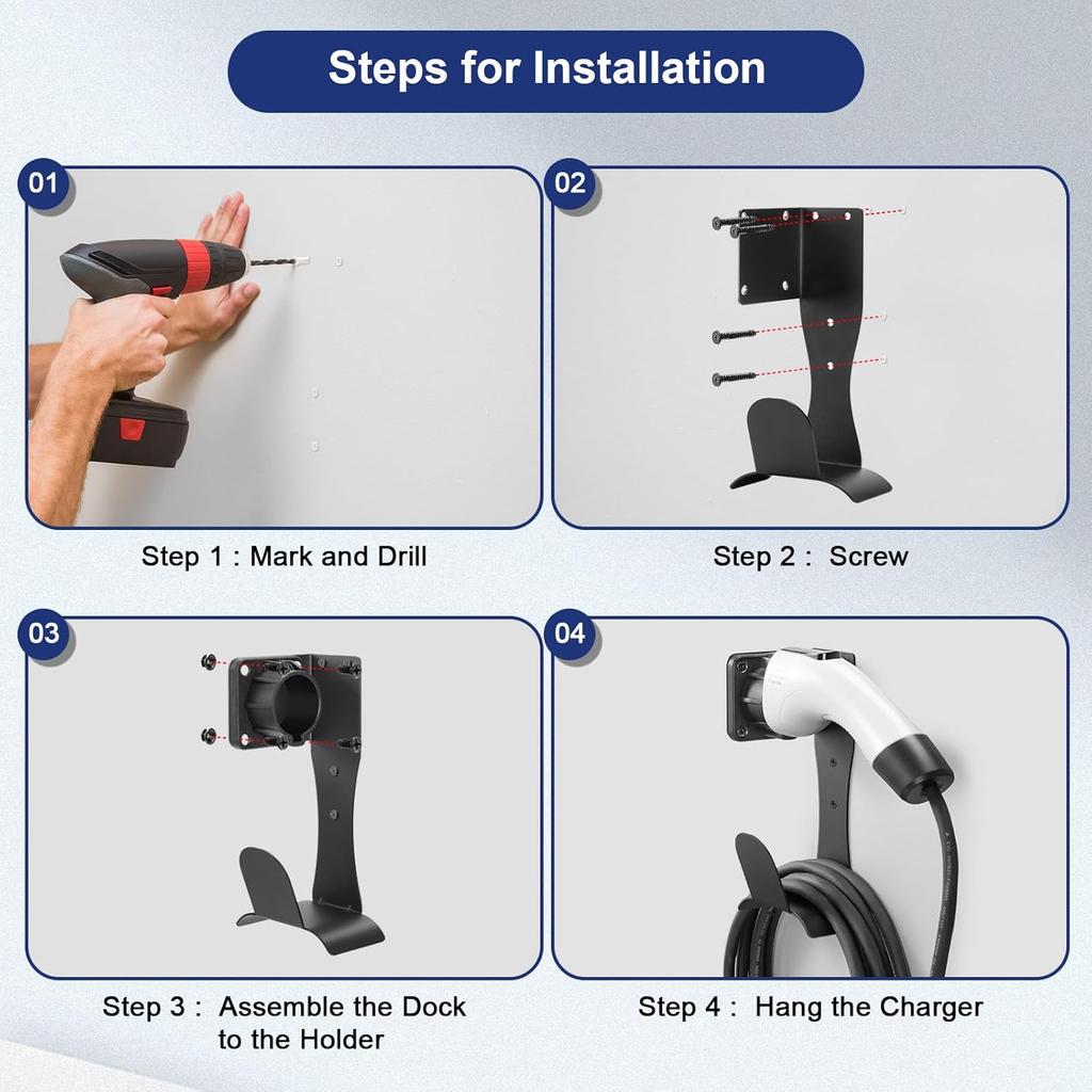 EV Charger Holder Cable Organizer Wall-Aligned Mount J1772 Holder, Space-Saving, No Cable Cutting, Electric Car Charger Cord Holder & Plug Holster