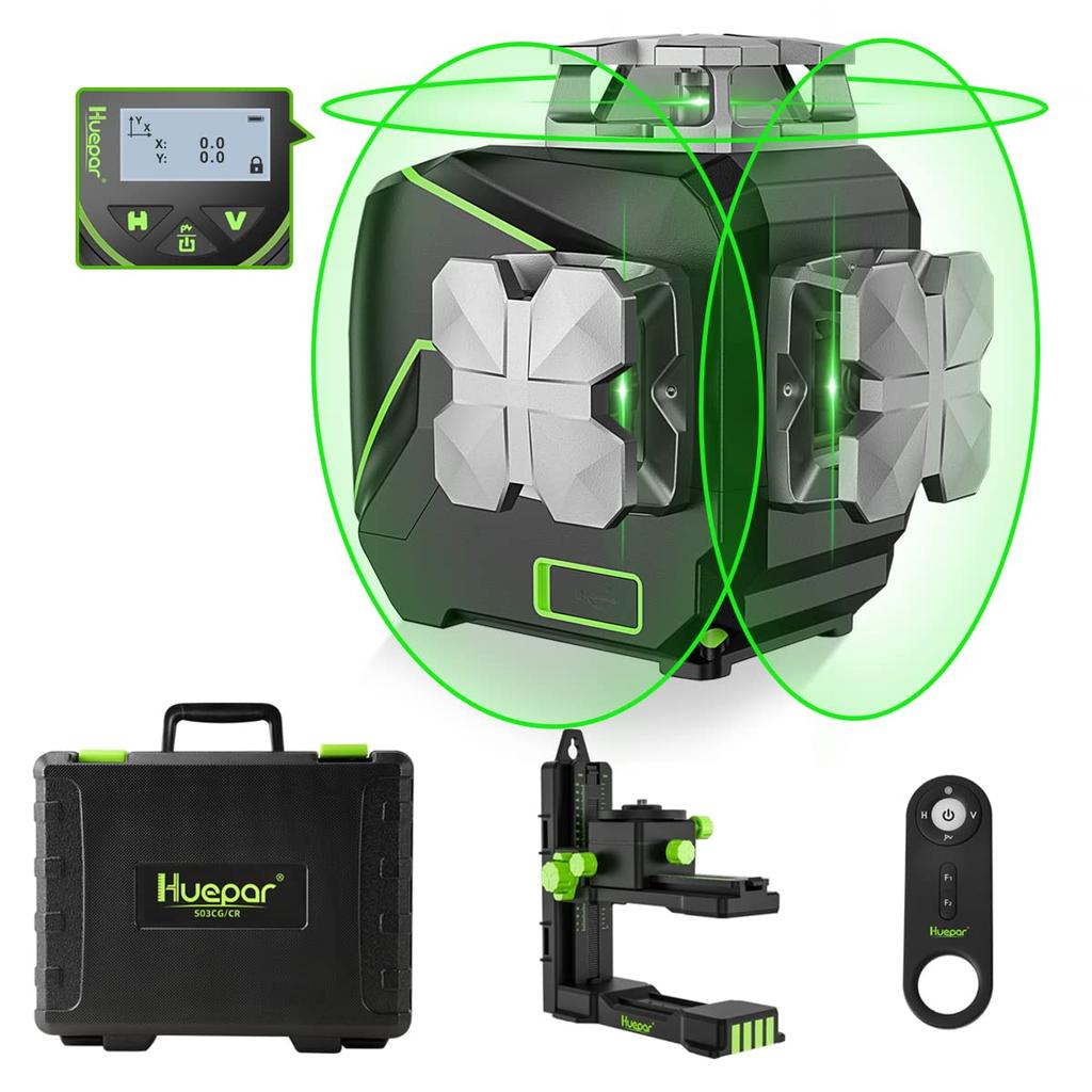 Huepar S03CG Green Laser Level with Remote 3 Power Pulse Lifting High and Charging 3x360° LCD, Control, Sources, Mode, Mount, Precision, Type-C