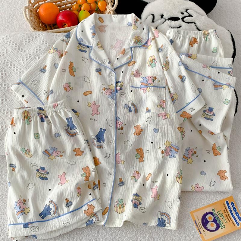 Cartoon Bear Cute Fun Wind Cloud Cotton Pajamas Women'S Summer Short-Sleeved Loungewear Three-Piece Set