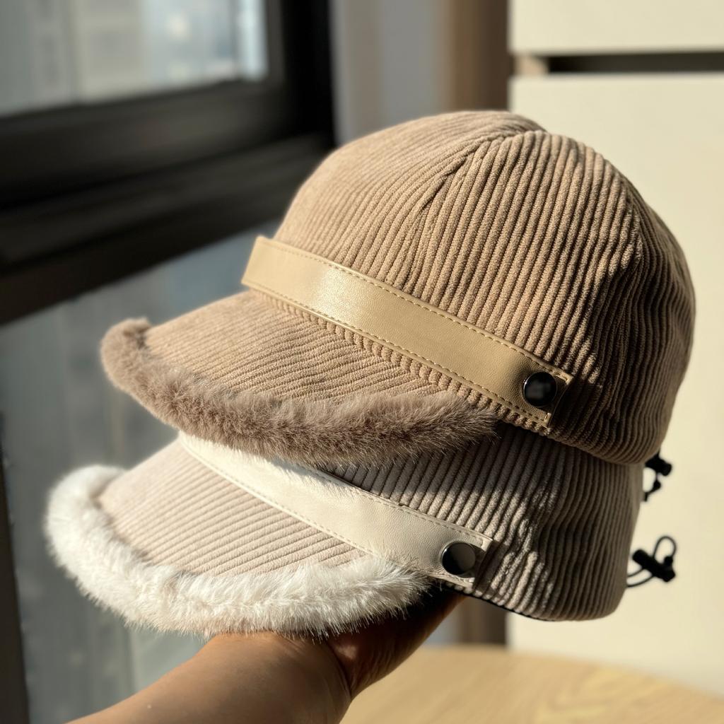 Korean-style Corduroy Duckbill Cap for Women, Thickened for Warmth In Winter, Wide Brim, Windproof for Cycling, Versatile and Adjustable, Trendy Hat