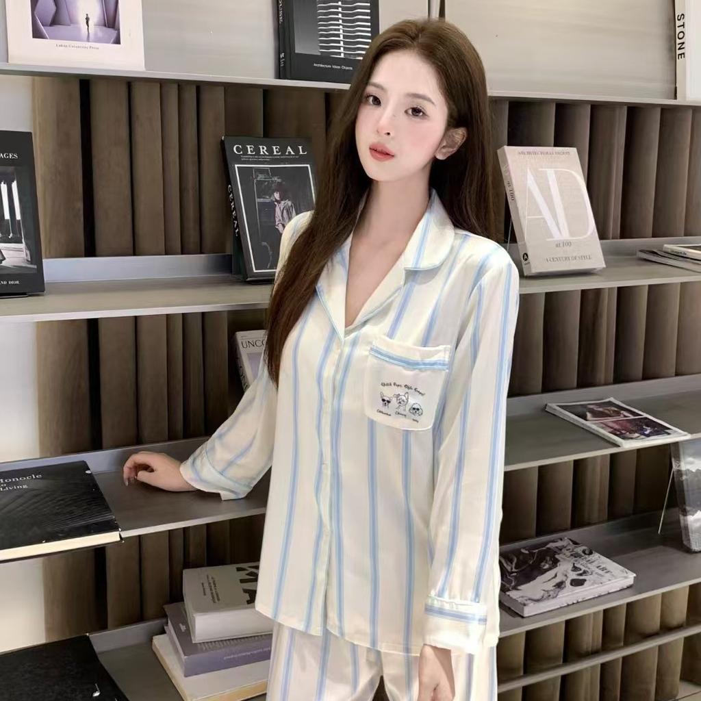Long Korean Style Long-sleeved Ice Silk Pajamas Women's Simple Striped Pajamas Autumn and Winter Fashion Suit High-end Loungewear