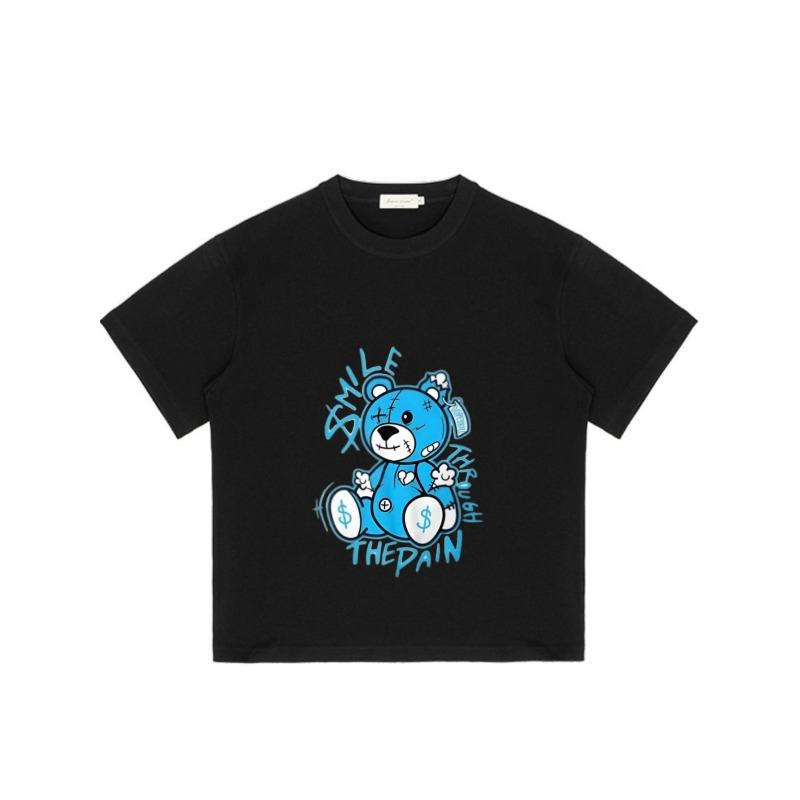 Black T Shirt with Blue Bear Graphic and Smile Through The Pain Text for Casual Wear