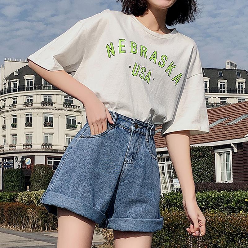 Summer Women High Waist Button Wide Leg Jeans Shorts Casual Female Loose Fit Blue Denim Shorts