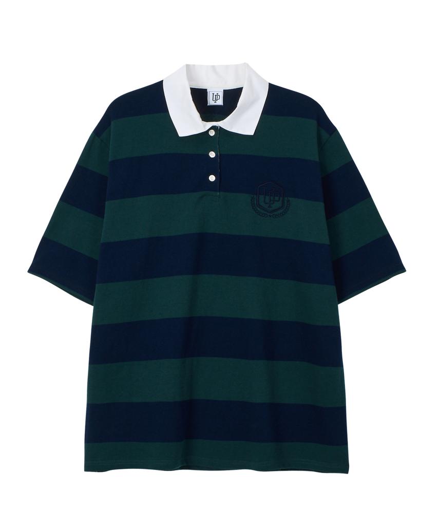 UNKNOWN PLANET Striped Rugby Collared Short Sleeve Shirt Green