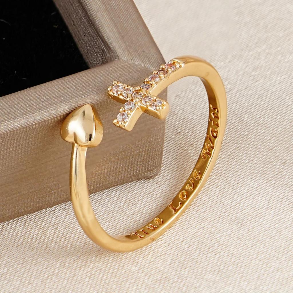 Minimalist Fashion Engraved Shiny Heart Cross Open Ring Suitable for Dates Parties Daily Jewelry