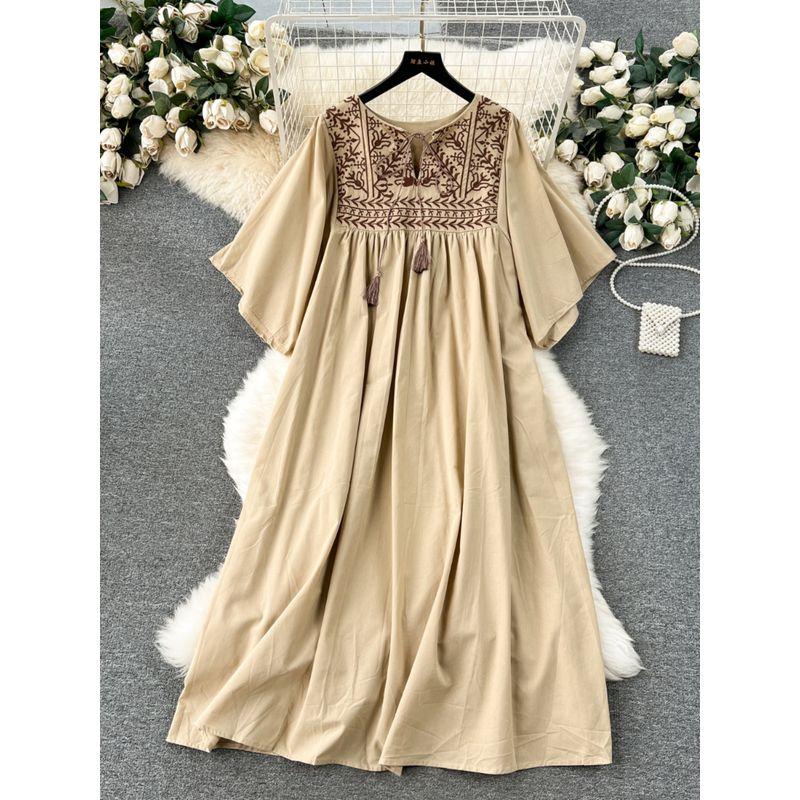 Women's Clothing Retro Belly Covering Slim Looking Dress Embroider