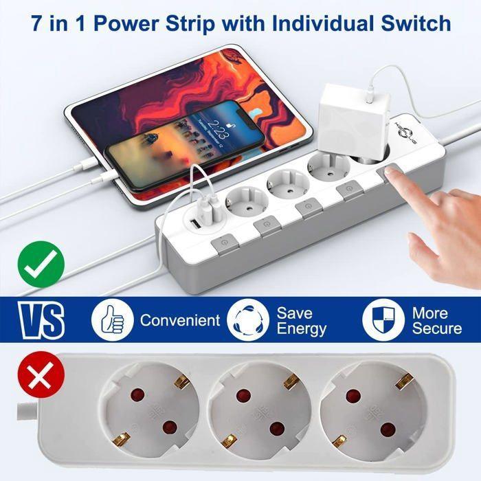 Multiprise - keplug - 4 prises + 3 ports usb - protection surcharge - sécurité enfants - 2m