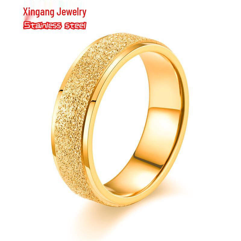 Minimalist European-American Stainless Steel Pearl Diamond Sandblast Ring - Non-Fading, Elegant Design for Couples