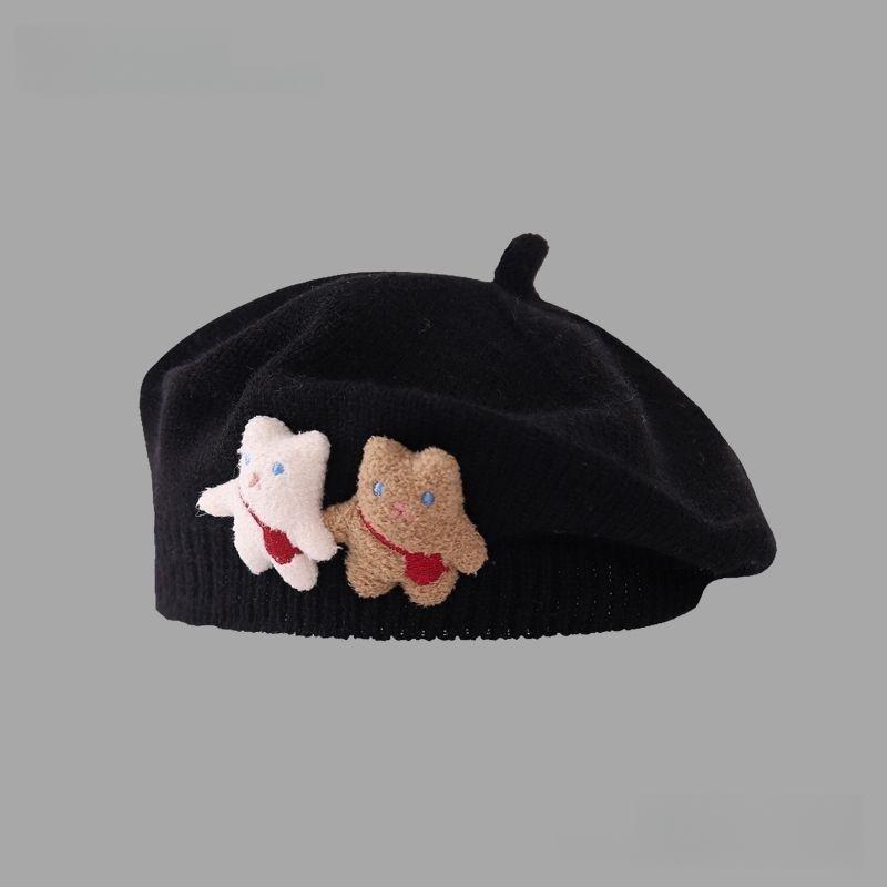 1 szt. Uroczy pasek miś ciepła czapka beanie jednolity kolor dzianinowy beret dla dzieci dziewcząt jesień zima artysta malarz czapki