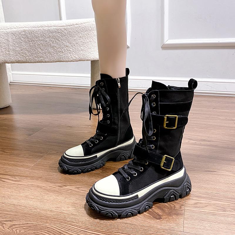 Fashion Autumn Nubuck Leather Boots Women's Thick-soled Mid-calf Non-slip Sneakers Round Toe Front Lace-up Motorcycle Boots