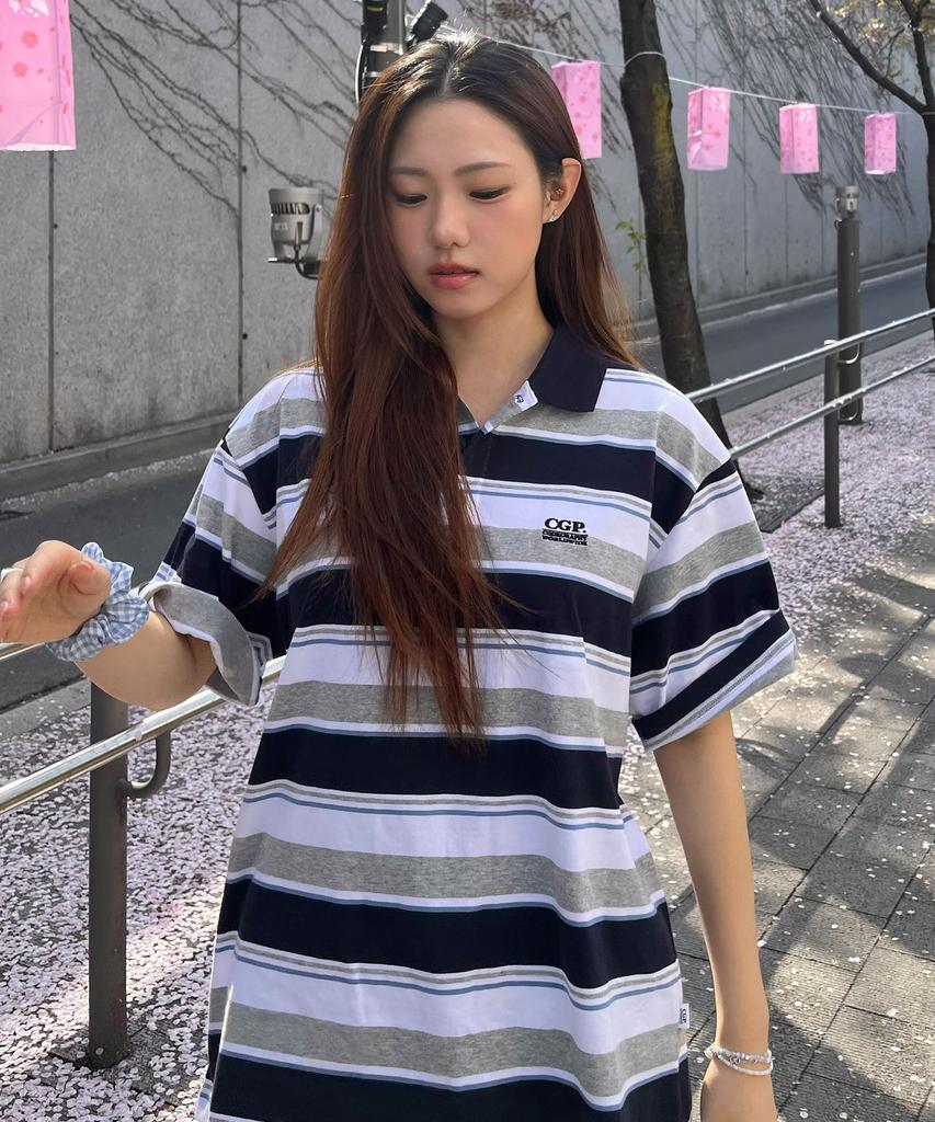 CGP Multi-Stripe Short-Sleeve Collared T-Shirt - Dark Navy